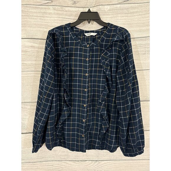 Sonoma Plaid Button-Up Blouse With Ruffle Details Size XL - Picture 1 of 3